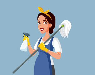 Professional Cleaner with a Sanitizing Spray and a Mop Vector Illustration. Lady working as housekeeper keeping everything tidy and clean
 - obrazy, fototapety, plakaty