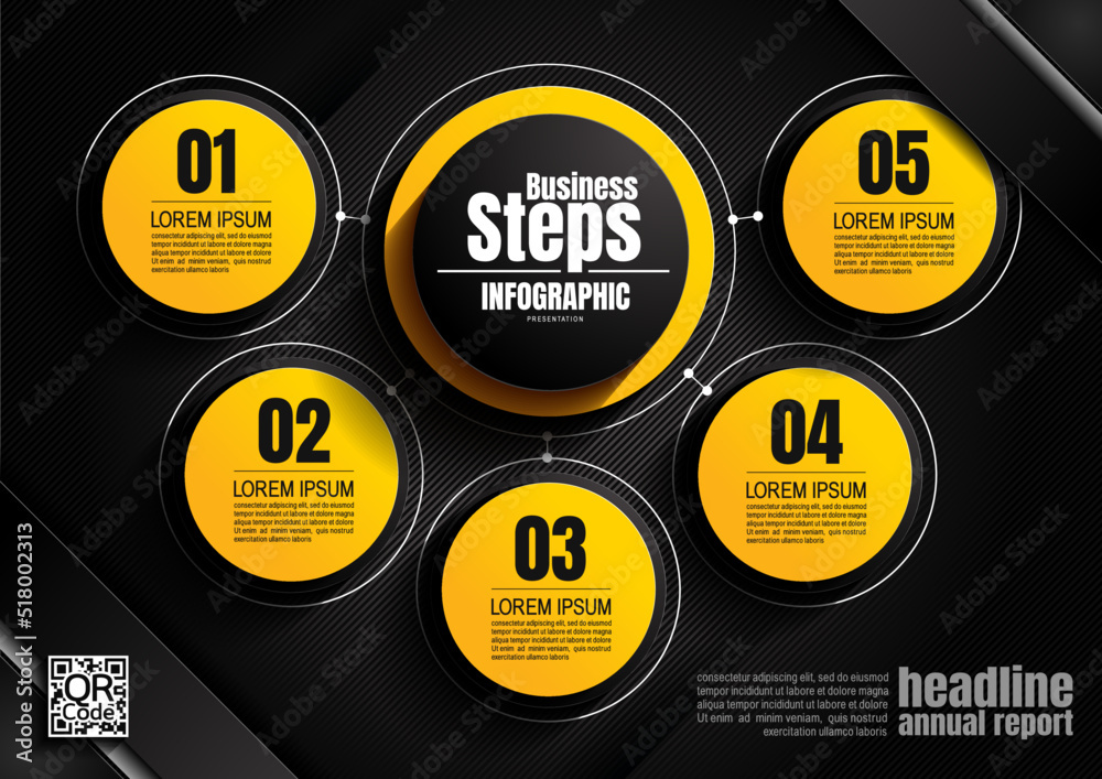 Wall mural infographics design, circle 5 process chart diagram template for presentation workflow, abstract tim
