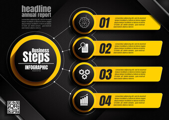 infographics design, 4 process chart diagram template for presentation workflow, abstract timeline elements, flow chart business yellow and black color layout concept