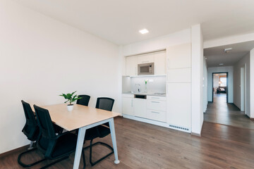 A small kitchen in the living space, equipped with built-in appliances and complemented by a dining table with modern black chairs. The space is diversified with several plants.