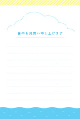 暑中お見舞い申し上げますの文字が入った雲と海のおしゃれな背景素材 -はがき比率
