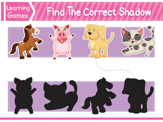 Find the correct shadows of cute cartoon Animals. Kids educational game. Printable Worksheet Vector Illustration