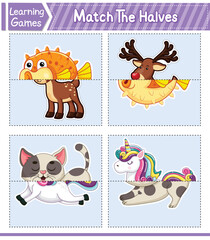 Match The Halves Of Animals. Matching Game For Kids. Education Developing Worksheet. Vector Illustration. Cute Character Cartoon Style