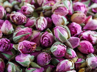 Heap of dried rosebuds background texture closeup. Pink violet rosebud macro close up