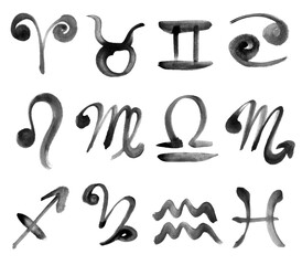 Handwritten zodiac signs set, calligraphy, black