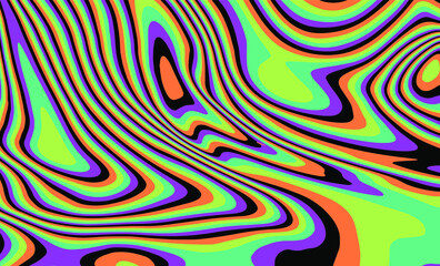 The 1970s-style wavy retro background in a psychedelic bright acidic colors.