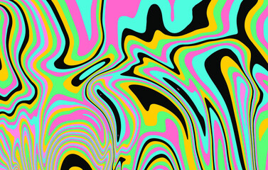 The 1970s-style wavy retro background in a psychedelic bright acidic colors.