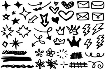Vector set of different crowns, hearts, stars, crystals, sparkles, arrows, lightning, diamonds, signs and symbols. Hand drawn, doodle element isolated on a white background.