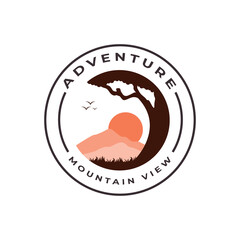 Mountain and forest scenery with circle logo vector icon symbol illustration design