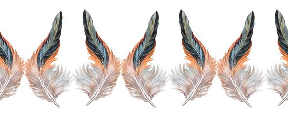 Seamless border rim watercolor blue and orange feather bird cock isolated on white background. Hand-drawn plume. Wildlife tropic art. For sticker wallpaper wrapping. Celebration wedding invite