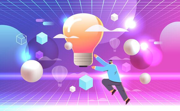 businessman in virtual reality glasses find lightbuld creative idea new innovative project vr vision headset innovation metaverse