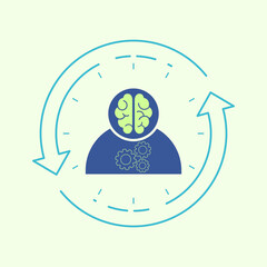 Person icon with working brain and gearwheels surrounded by repeating arrow. Human habit concept. Vector illustration outline flat design style.