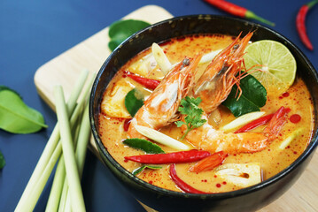 tom yam kung Thai hot spicy soup shrimp with lemon grass,lemon,galangal and chilli  Thailand Food