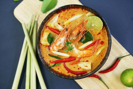 tom yam kung Thai hot spicy soup shrimp with lemon grass,lemon,galangal and chilli  Thailand Food