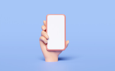 3d hand holding smartphone isolated on blue background. hand using mobile phone, screen phone template, empty screen phone mockup, minimal concept, 3d render illustration
