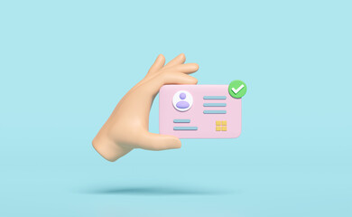 3d hand hold Id card icon with check mark isolated on blue background. human resources, plastic card, Job search concept, 3d render illustration
