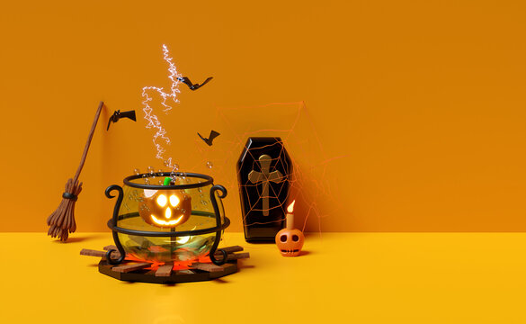 3d halloween pumpkin holiday party with pumpkin in boiling pot, broom, skull, coffin, candle light, bat for happy halloween, 3d render illustration, isolated on orange room  background.