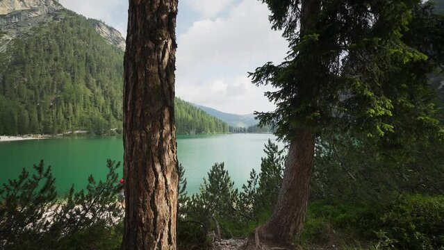 The Pragser Wildsee (Lake Prags) (Lake Braies) mountain lake, Seekofel, Dolomites, South Tyrol, Alto Adige, Italy