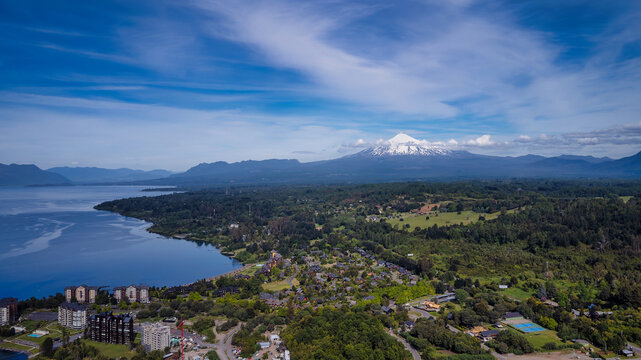 Pucon, Lan&iacute;n Volcano seen from Villa Rica, Patagonia, Chile, South America