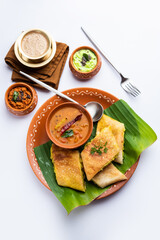 Cut Masala dosa or spring dosa is a South Indian meal served with sambhar and coconut chutney.