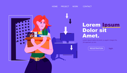 unhappy business woman holding cardboard box with things you are fired dismissal unemployment jobless employee