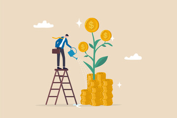 Mutual fund or growing investment, wealth profit growth or earning increase, savings or wealth management, pension fund concept, businessman investor watering stack dollar coin to grow money plant. - obrazy, fototapety, plakaty