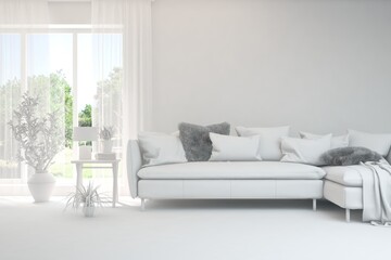 White minimalist living room with sofa. Scandinavian interior design. 3D illustration