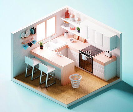 Isometric Kitchen Composition Indoor View Of Dining Place With Stove Kitchenware And Cabinetry. 3D Illustration