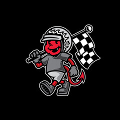 Cute mascot devil holding flag racing premium vector