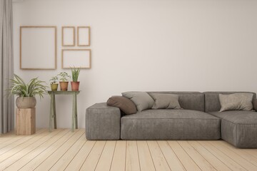 White living room with sofa. Scandinavian interior design. 3D illustration