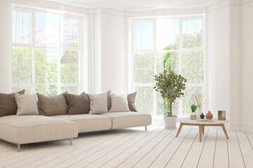 Minimalist living room in white color with sofa and summer landscape in window. Scandinavian interior design. 3D illustration
