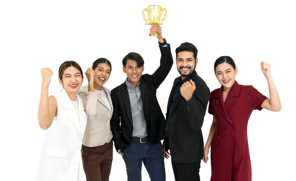 Team Of Successful Young People Standing Together With Trophy Received From The Work Done Proudly. Portrait On White Background With Studio Light.