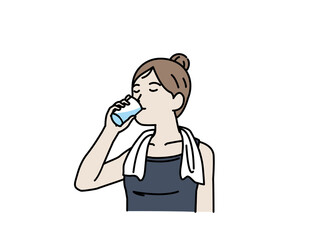 水分補給　水を飲む　若い女性　運動後　トレーニング後　イラスト