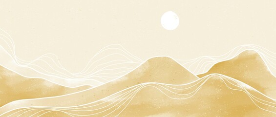 Creative minimalist hand painted illustrations of Mid century modern. Natural abstract landscape background. mountain, forest, sky, sun. vector illustration