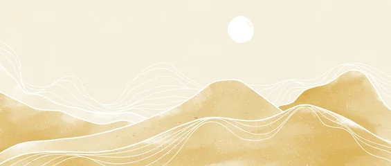 Rolgordijnen Creative minimalist hand painted illustrations of Mid century modern. Natural abstract landscape background. mountain, forest, sky, sun. vector illustration © gina