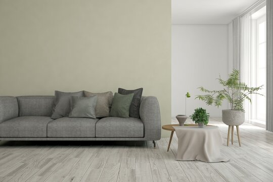 White living room with sofa. Scandinavian interior design. 3D illustration