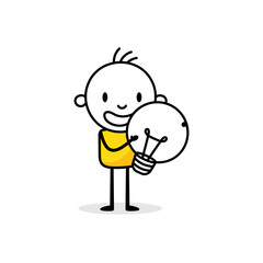 Businessman holds a light bulb on white background. Hand drawn doodle man. Idea and creativity concept. Vector stock illustration