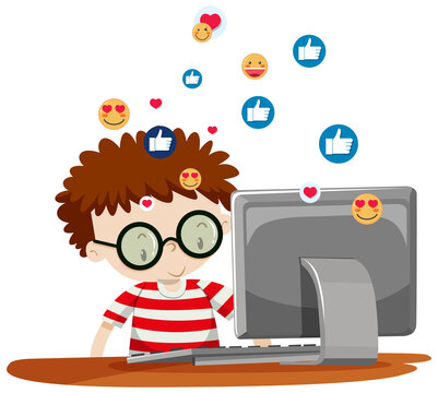 A nerdy boy using computer with social media icons