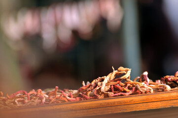 Radish pieces left to dry in the sun. These pieces are then mixed with various ingredients to make homemade pickles popular in China