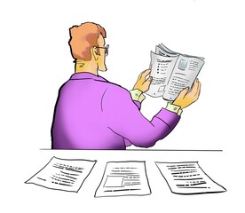 ginger hair Boss carefully reads resume newspaper tabloid pack with business paper documents on table desk isolated. Busy director businessman seating in the business office in violet suit. - obrazy, fototapety, plakaty
