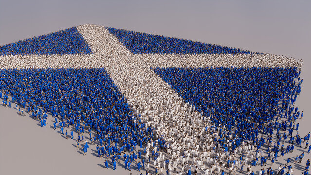 Scottish Banner Background, with People gathering to form the Flag of Scotland.