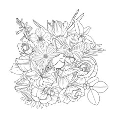 vector drawing natural background with hummingbird and flowers, black and white coloring page, hand drawn illustration