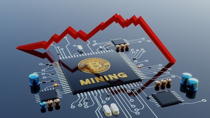 Bitcoin mining profitability. Computer motherboard with processor and bitcoin mining concept 3D render illustration 