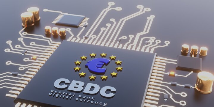 Circuit board processor and Euro coin digital currency 3D render background illustration