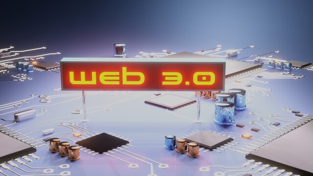 Web 3.0 futuristic 3d illustration. Web 3.0 text glowing over motherboard with components and cpu processor 3d render illustration.