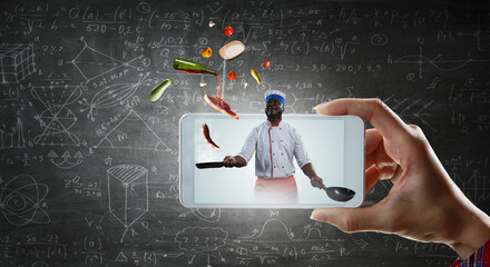 Chef cooking on mobile screen