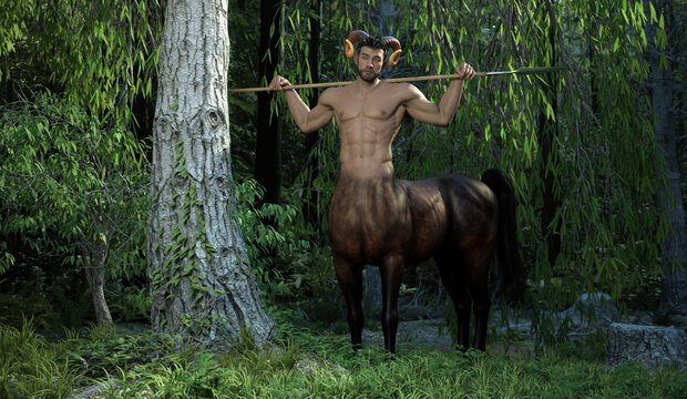 3D Render : portrait of handsome male centaur in the green willow forest with depth of field, centaur breed hybrid with goat horn