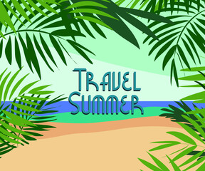 Obraz premium Vector Hello Summer Holiday typographic illustration on vintage wood background. Tropical plants, flower, beach ball, air balloon and sunshade with blue sky. Design template for banner, flyer 