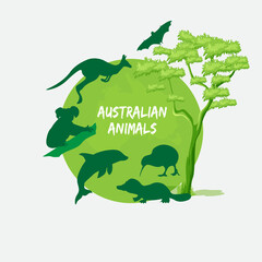 Green Silhouettes of Australian Animals Vector Illustration