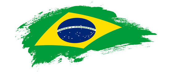 National flag of Brazil with curve stain brush stroke effect on white background